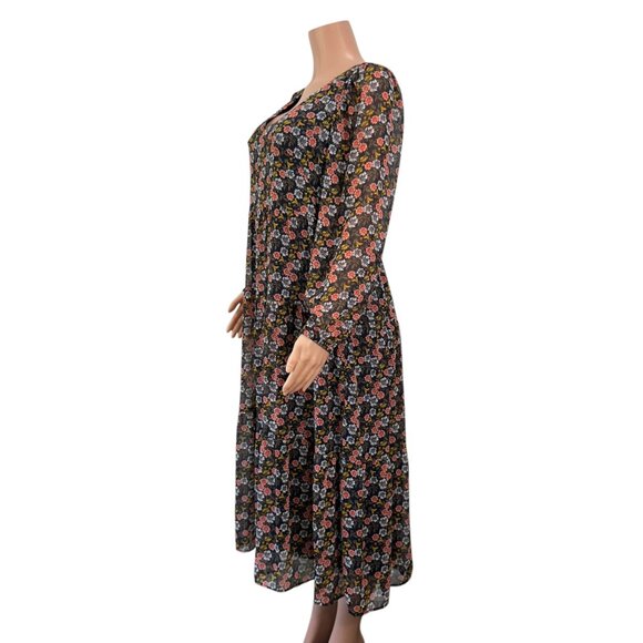 Loft Floral V-Neck Long Sleeve Tiered Midi Dress Women SZ 10 Back Zipper Closure - Picture 9 of 12